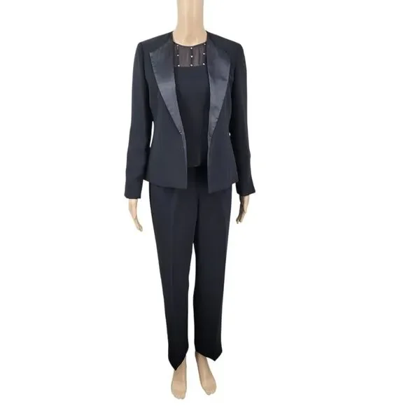 Jessica Howard Black Satin Trim Blazer Pantsuit 3 Piece Blousr Pants Jacket - Picture 3 of 16